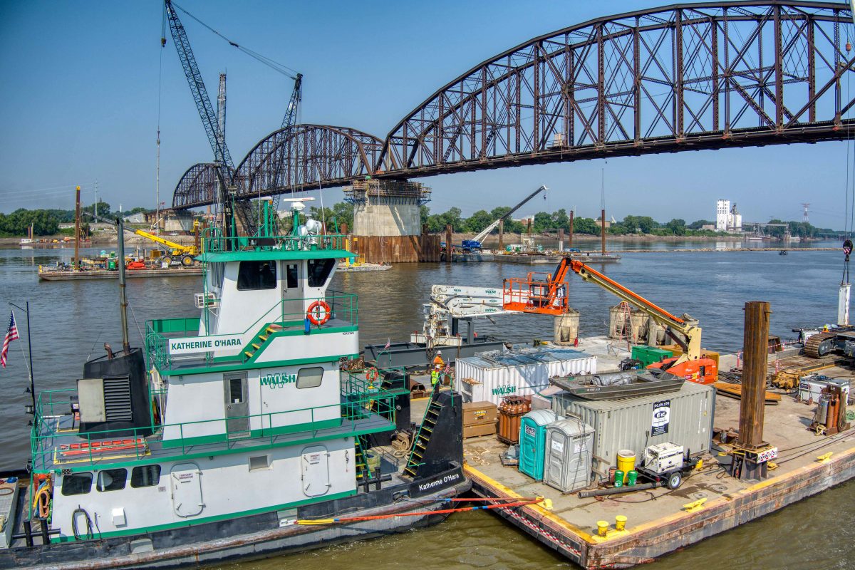 The Katherine O'Hara, a Walsh Construction tugboat, played a key role in supporting the Merchants Bridge revitilization north of Downtown St. Louis (submitted photo)